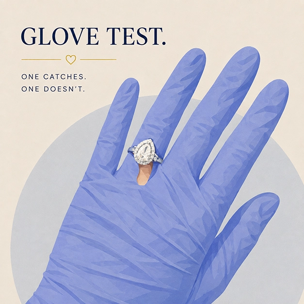 Illustration of a nurse pulling on a nitrile glove over her hand and engagement ring