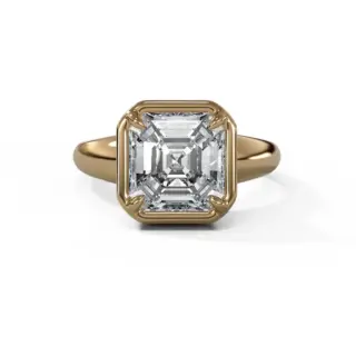 Front view of Club engagement ring featuring a 4.90 ct lab‑grown Asscher cut diamond set in a thick 14k yellow gold bezel.