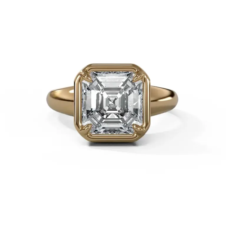 Front view of Club engagement ring featuring a 4.90 ct lab‑grown Asscher cut diamond set in a thick 14k yellow gold bezel.