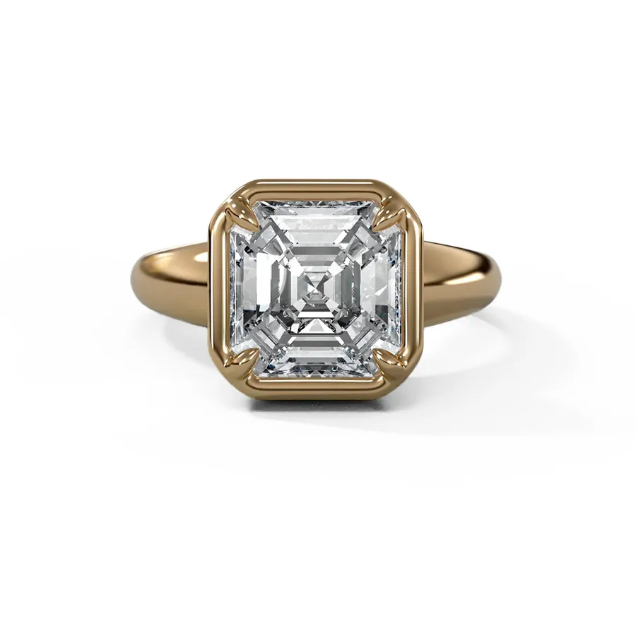 Front view of Club engagement ring featuring a 4.90 ct lab‑grown Asscher cut diamond set in a thick 14k yellow gold bezel.