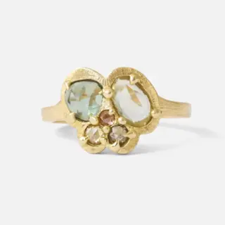 One-of-a-kind Silk / Teal and Lime Cluster Ring featuring rose-cut sapphires and diamonds in 18k yellow gold