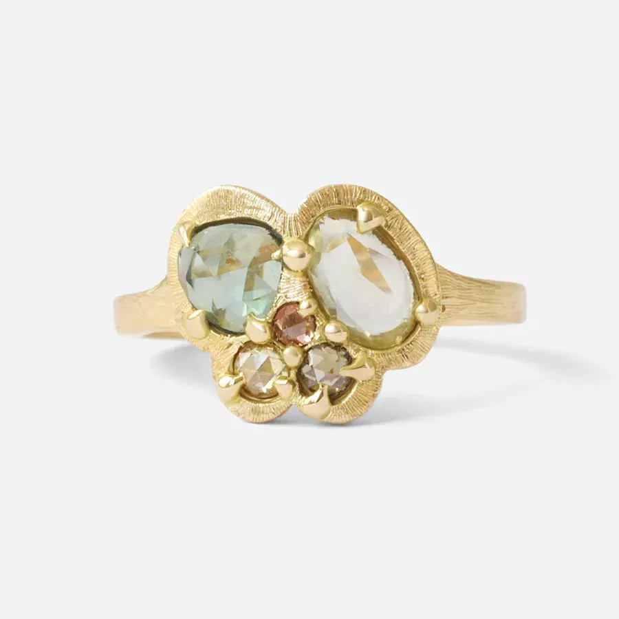 One-of-a-kind Silk / Teal and Lime Cluster Ring featuring rose-cut sapphires and diamonds in 18k yellow gold