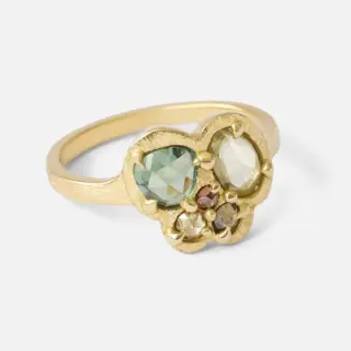 One-of-a-kind Silk / Teal and Lime Cluster Ring featuring rose-cut sapphires and diamonds in 18k yellow gold