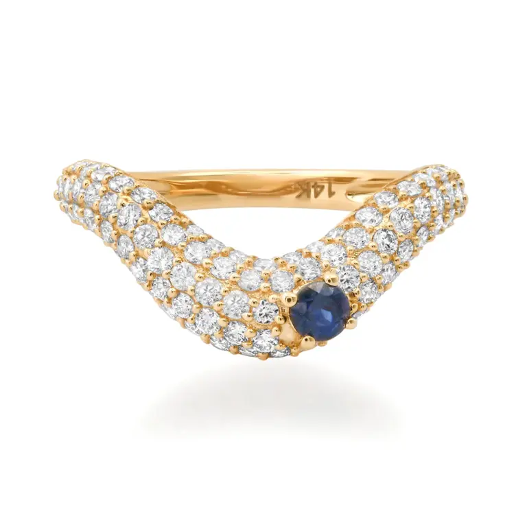 In Awe wavy stacking ring by Ashleigh Bergman – sculptural 14k yellow gold featuring a .96 ct diamond and colored gemstones