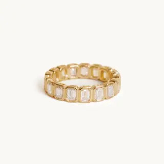 Detailed view of the Margot Radiant Eternity Ring's underside, showcasing the craftsmanship and solid gold construction.