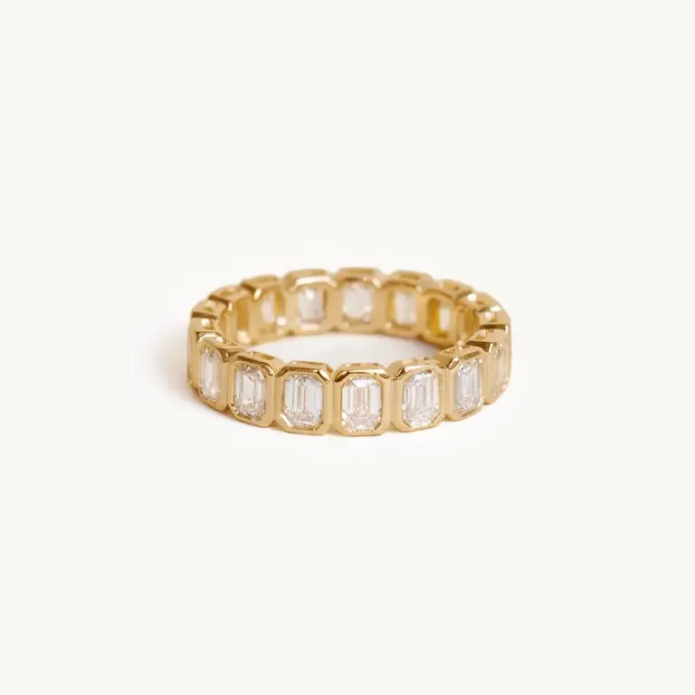 Detailed view of the Margot Radiant Eternity Ring's underside, showcasing the craftsmanship and solid gold construction.