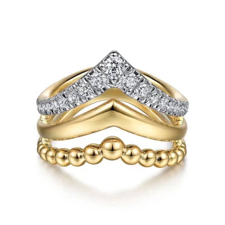 14K yellow gold triple-row Bujukan chevron diamond ring by Gabriel & Co., featuring a 0.45 ct prong-set diamond center with graduated Bujukan bead detailing.