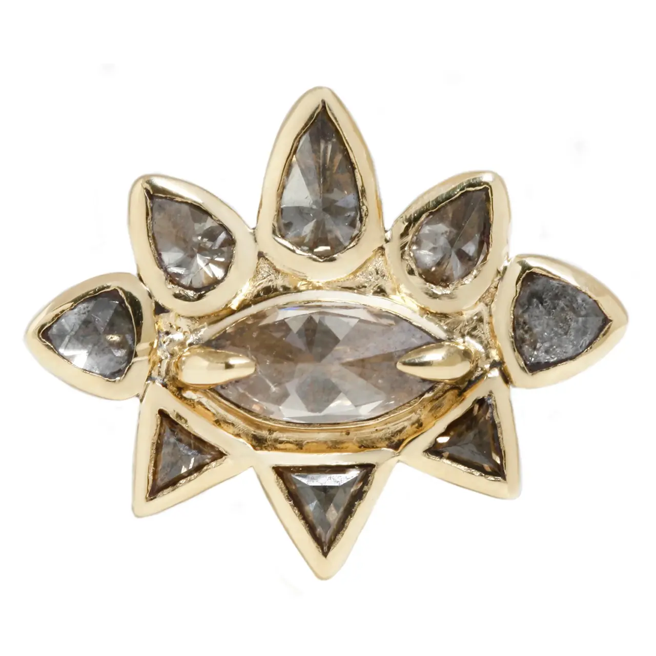 18k yellow gold Sunrise Ring with 1.21 ct total diamonds, marquise center, vintage-inspired design by Esqueleto