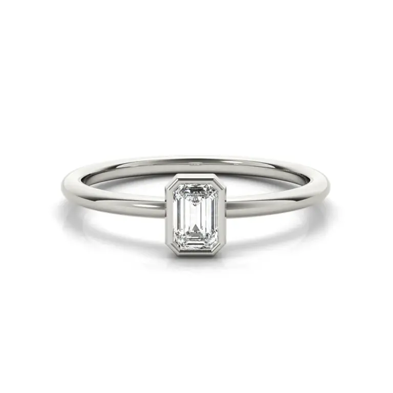 Do Amore Lakshmi 14 k white gold stackable ring with 0.33 ct lab‑created emerald bezel‑set on a delicate rounded comfort‑fit band