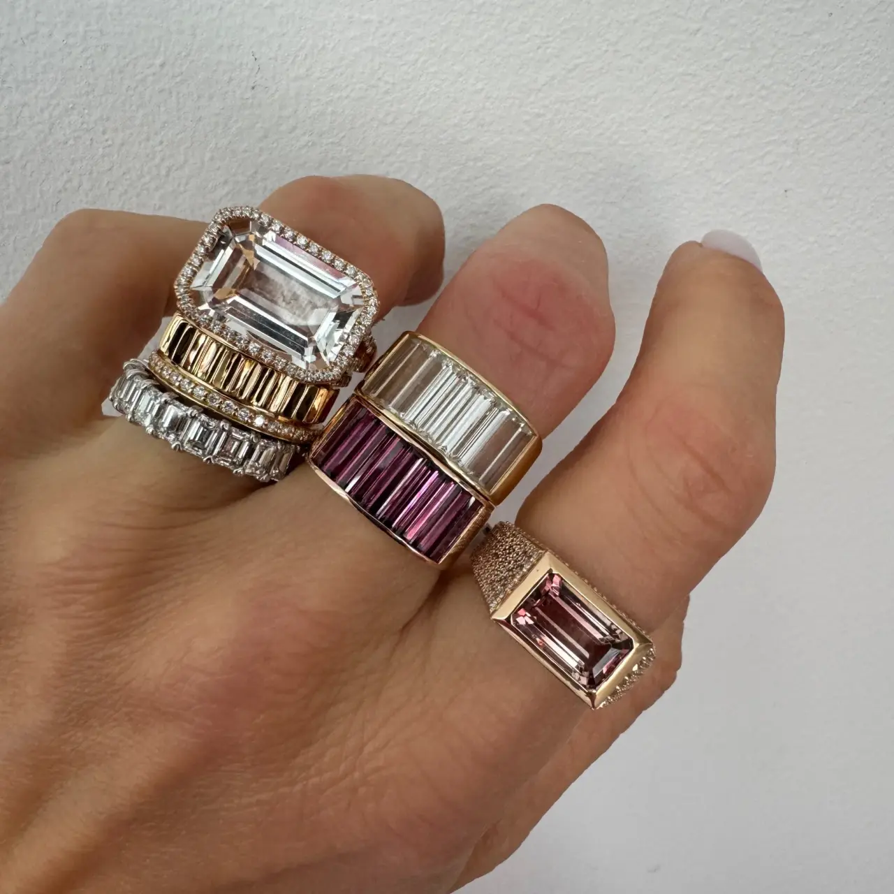 Bold 14K gold baguette ring with purple garnet or white topaz—ideal for statement stacking