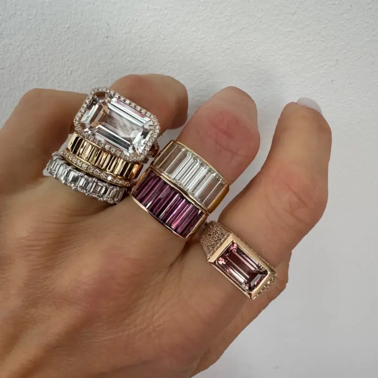 Bold 14K gold baguette ring with purple garnet or white topaz—ideal for statement stacking