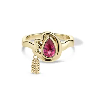 14k yellow gold pink sapphire engagement ring with gold tassel chain detail, handcrafted by Crevette Design Studio
