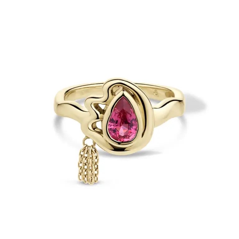 14k yellow gold pink sapphire engagement ring with gold tassel chain detail, handcrafted by Crevette Design Studio