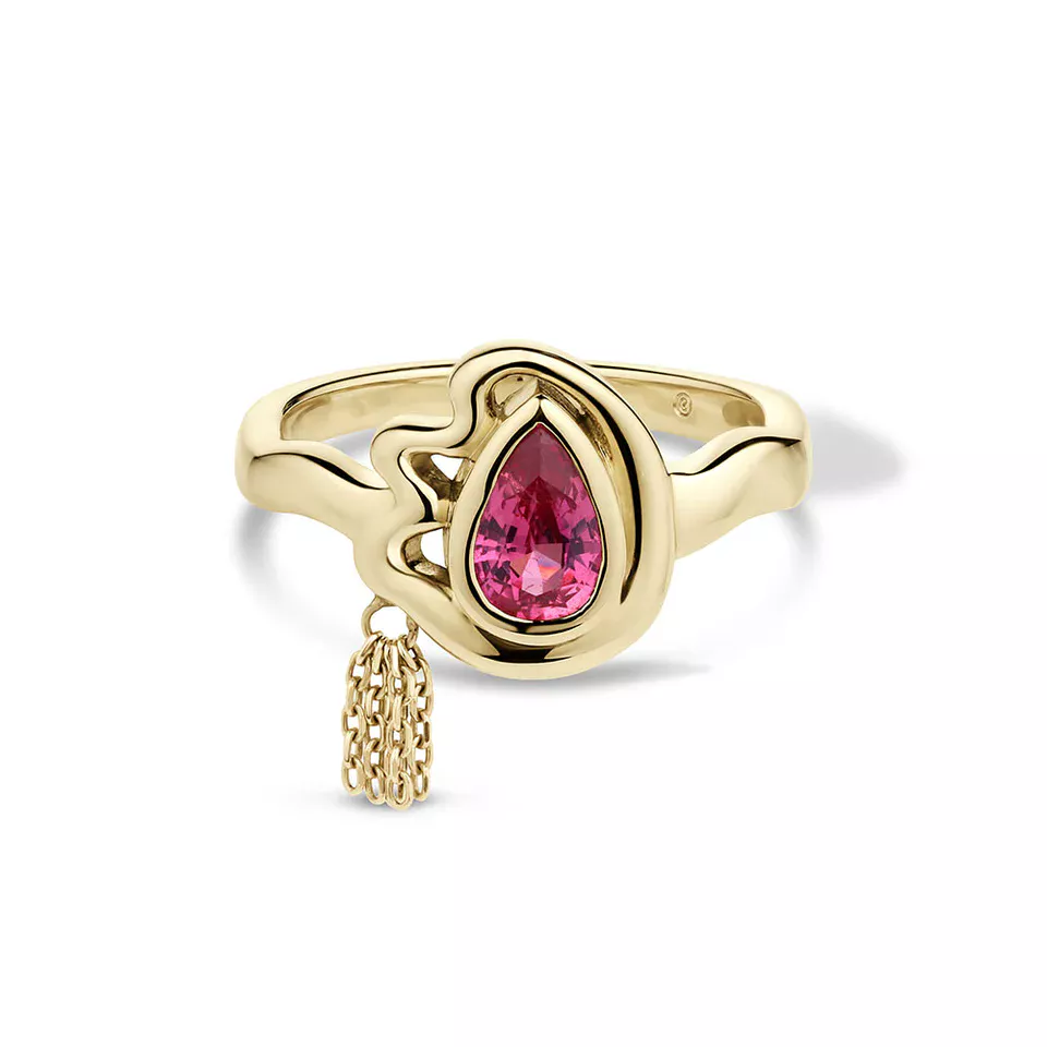 14k yellow gold pink sapphire engagement ring with gold tassel chain detail, handcrafted by Crevette Design Studio