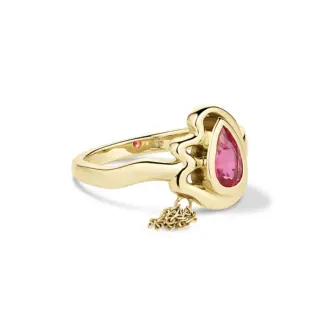 Unique handmade pink sapphire ring with gold chain tassels, modern alternative engagement ring in solid 14k gold.