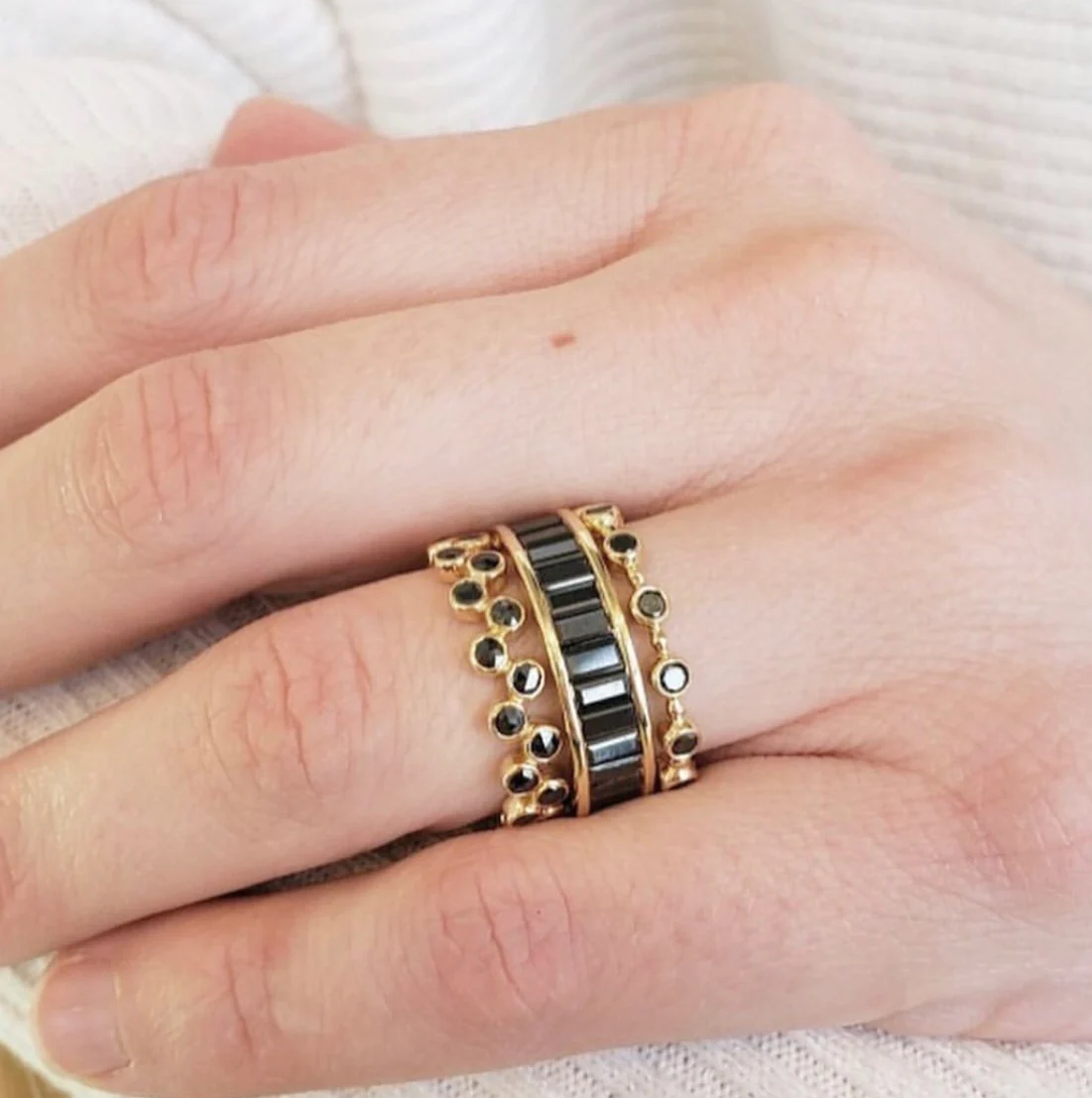 Sethi Couture Zig Zag Black Diamond Gold Band: 18K yellow gold band with 28 rose cut black diamonds totaling 0.50ct, set in a zig-zag pattern