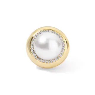Large Candy Button Pearl Ring by Stephanie Gottlieb in 14k yellow gold featuring a lustrous white freshwater pearl cabochon