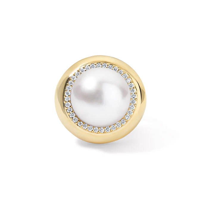Large Candy Button Pearl Ring by Stephanie Gottlieb in 14k yellow gold featuring a lustrous white freshwater pearl cabochon