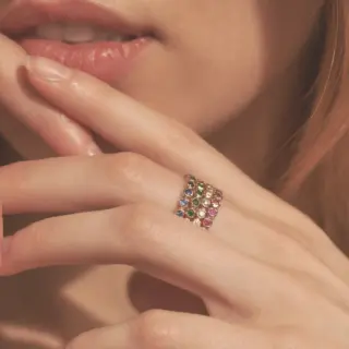 Close-up of 3.18ct lab-grown elongated cushion cut diamond ring with two-tone 14K gold and hidden halo setting