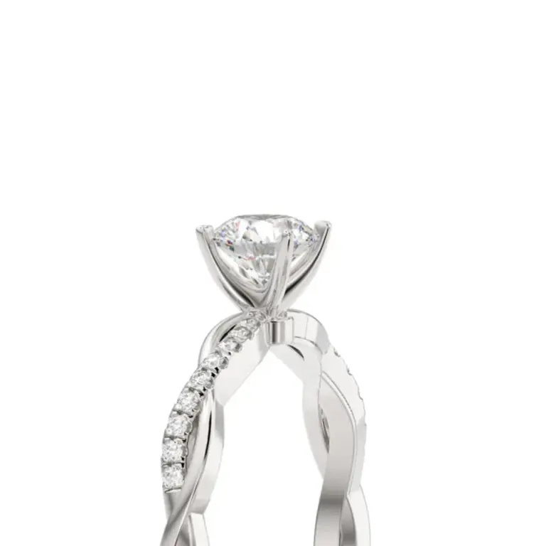 Side profile of Luvari’s 1.5mm wide platinum engagement ring, emphasizing the sleek band and alternating diamond wave pattern.