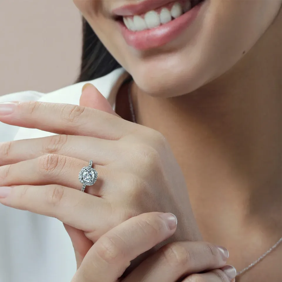 Front view of Preset Pavé Halo Engagement Ring by With Clarity, featuring a lab-grown center diamond surrounded by a halo and pavé-set band in white gold.