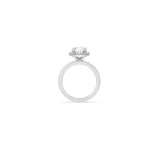 Side profile of With Clarity’s pavé halo engagement ring highlighting the slim 1.6mm band and elevated setting with sparkling accent diamonds.