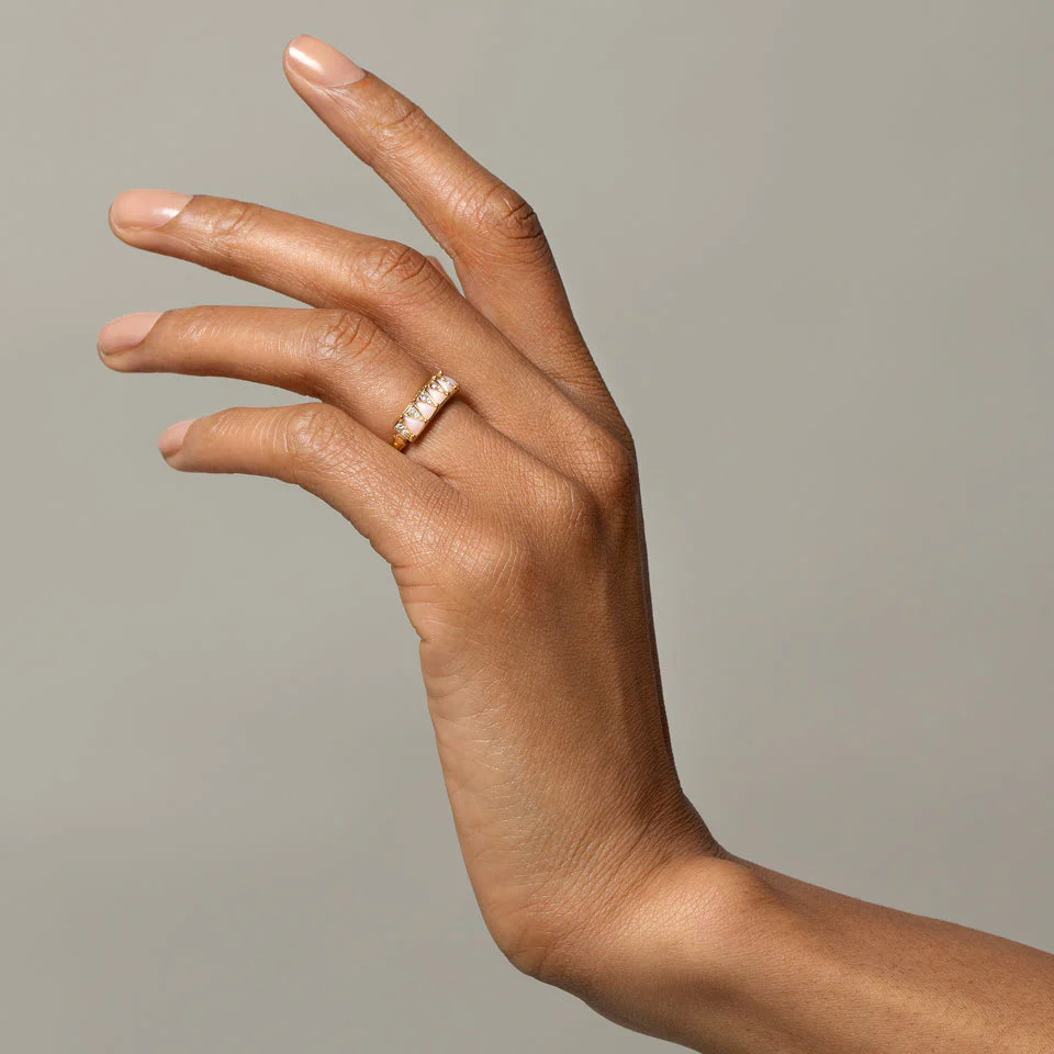 Handmade Five Triangle Ring with white opals and diamonds, designed by Mociun in NYC