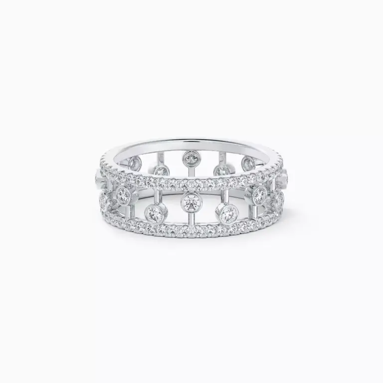De Beers Dewdrop band in 18k white gold featuring bezel and micropavé set round brilliant diamonds
