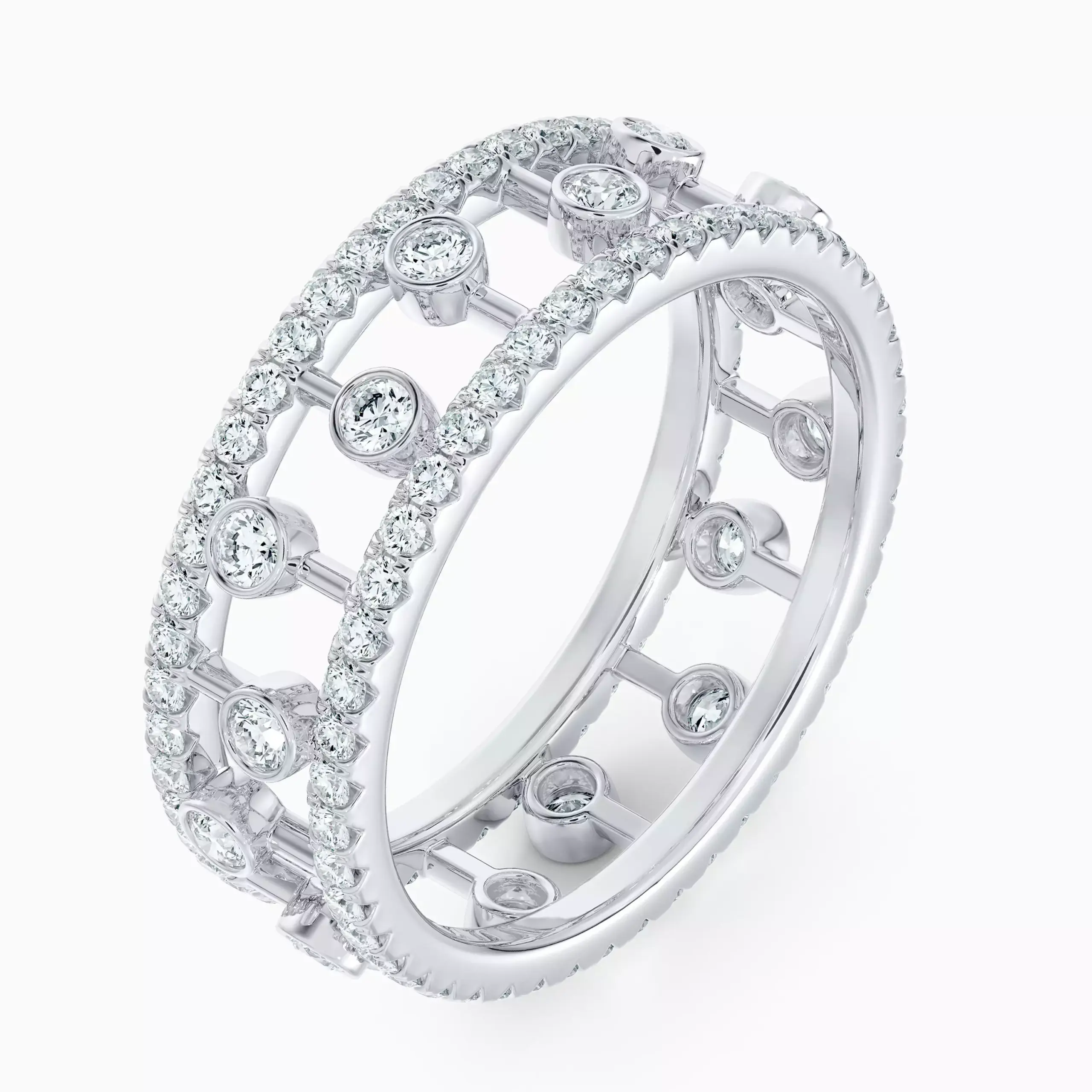Elegant De Beers white gold ring with dewdrop-inspired diamond design and pavé detailing” “Luxury diamond wedding band by De Beers with sparkling bezel-set and micropavé diamonds in white gold