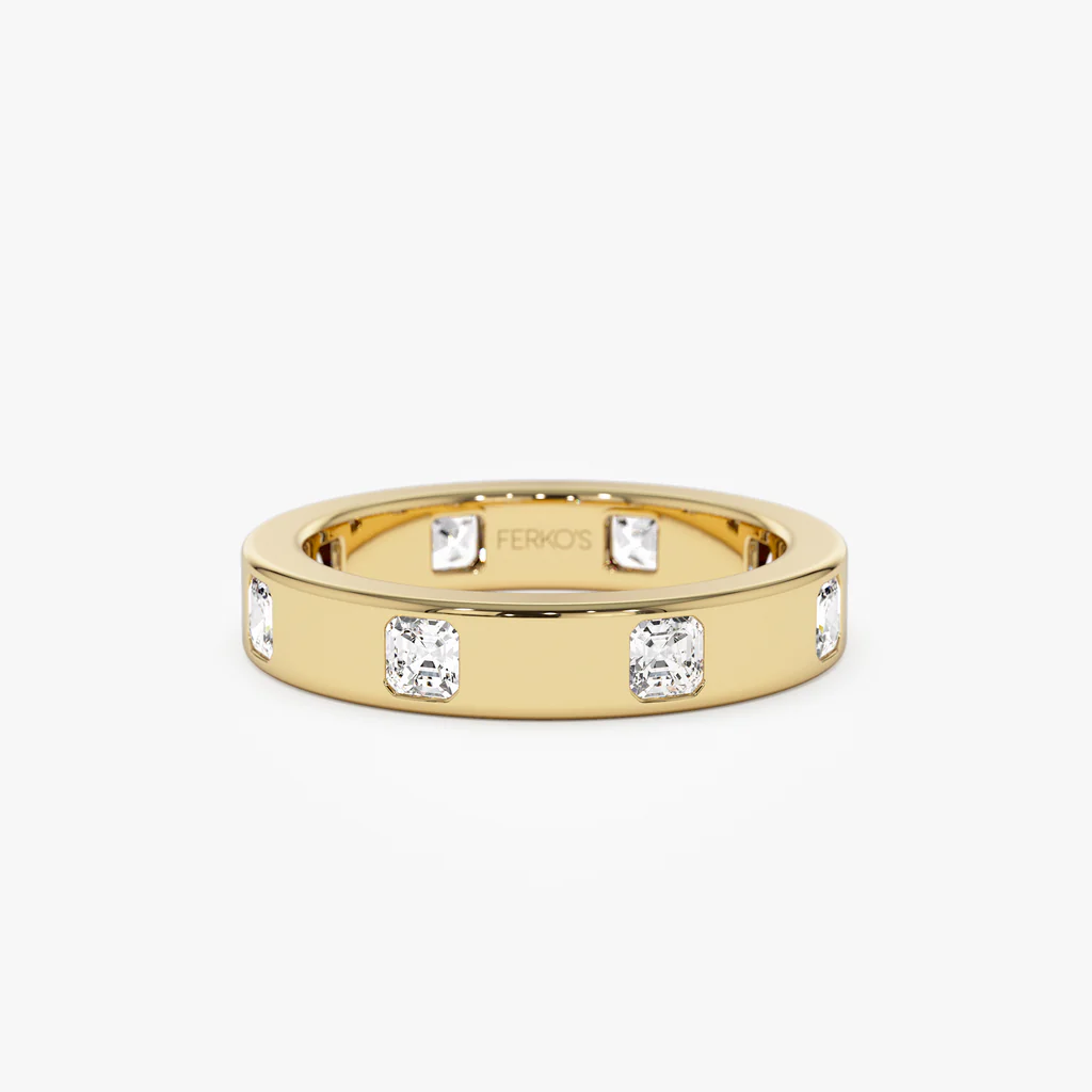 14k Asscher Cut Full Eternity Flush Setting Diamond Band by Ferkos Fine Jewelry: Features 8 Asscher cut diamonds totaling 0.95ct, set in a 3.80mm wide band.