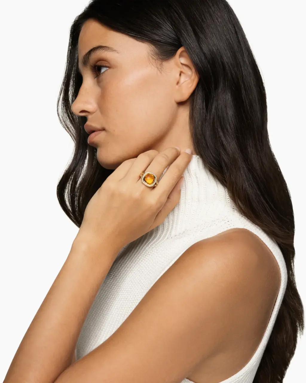 Statement ring featuring cushion-cut citrine, pavé diamond halo, and 18K gold Cable shank