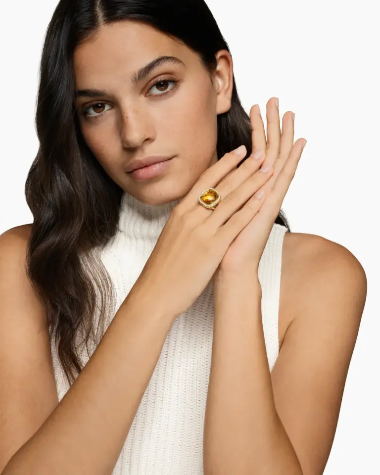 Bold 15mm citrine ring by David Yurman with pavé diamonds and signature Cable band in yellow gold