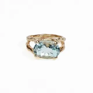 JP Aquamarine Branch Ring by Jane Pope Jewelry featuring a 4.75 ct oval aquamarine in 14kt recycled yellow gold with a textured band.