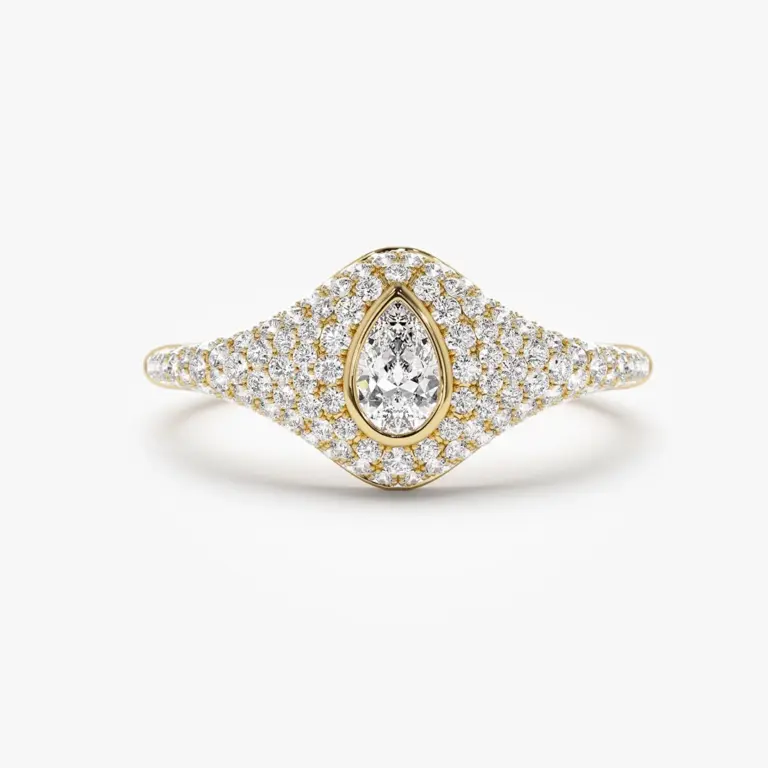 14K gold pear-shaped diamond signet ring with pavé diamond halo by Ferkos Fine Jewelry