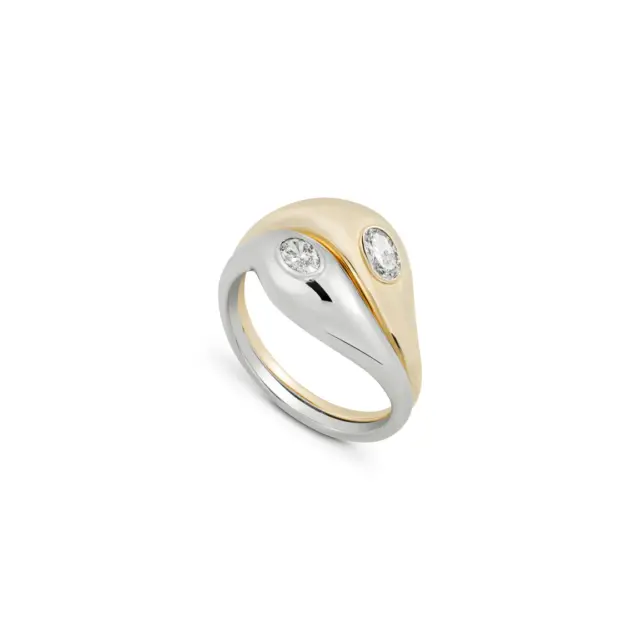 Stacked Jupiter Rings in 14k recycled yellow and white gold, each with a lab-grown diamond, inspired by yin-yang balance and cosmic connection