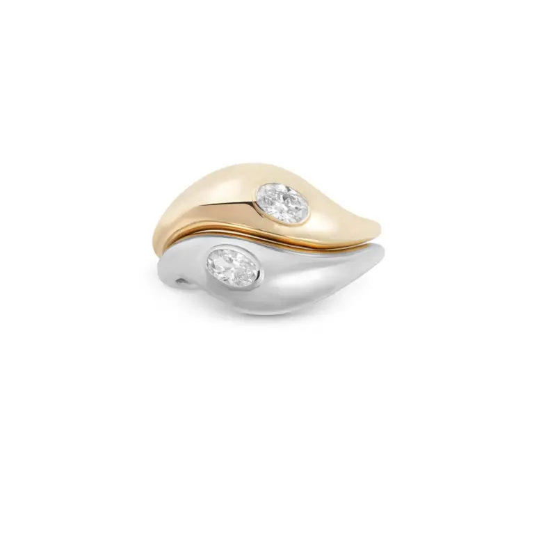 Asymmetrical Jupiter Ring in 14k recycled yellow gold with a lab-grown diamond, symbolizing cosmic harmony and modern elegance