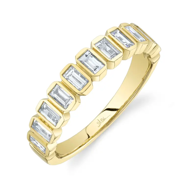 14K yellow gold band ring featuring a row of baguette diamonds flush-set across a 4.3 mm wide profile