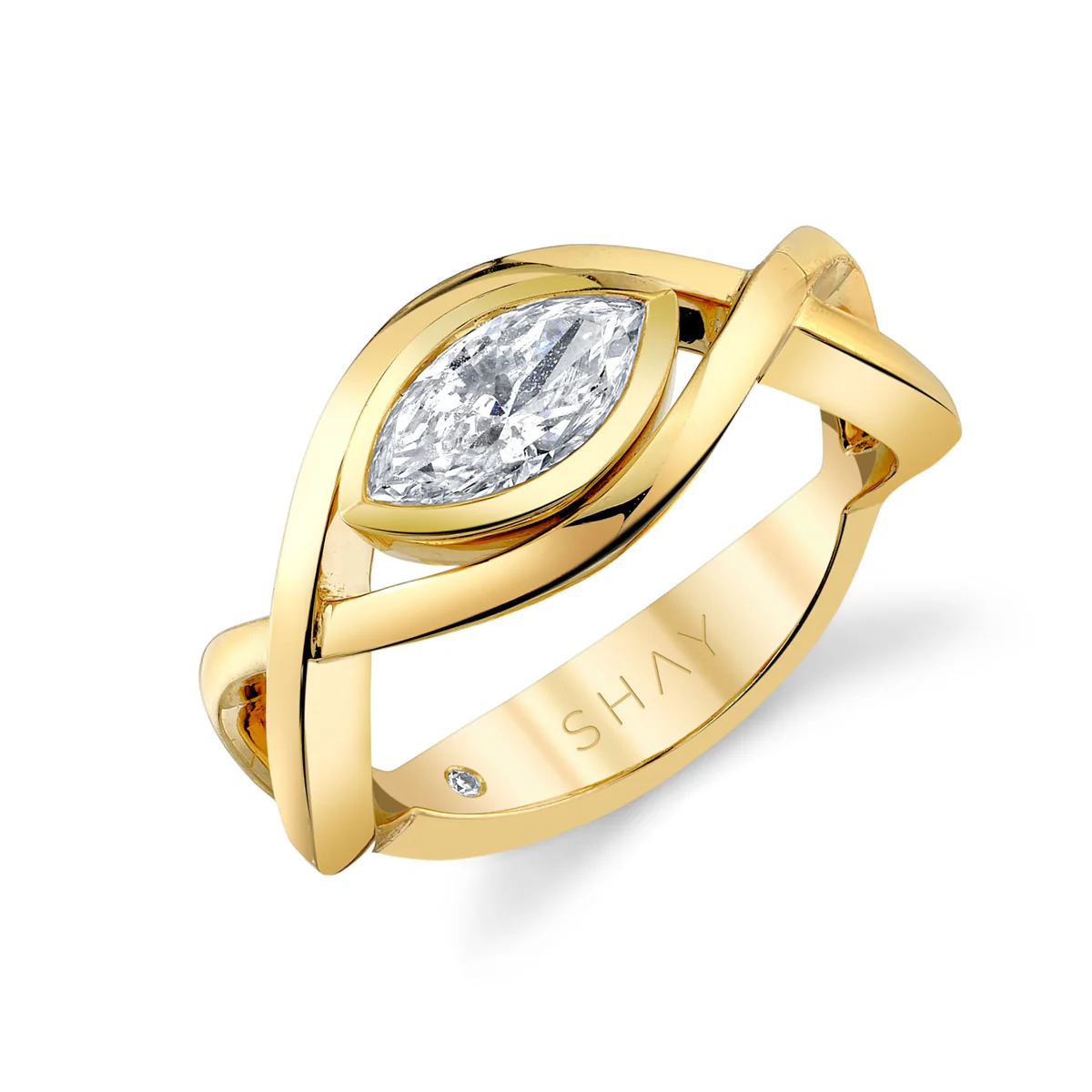 SHAY pinky vine ring in 18k yellow gold with 0.51 ct marquise–cut diamond floating across intertwined bands