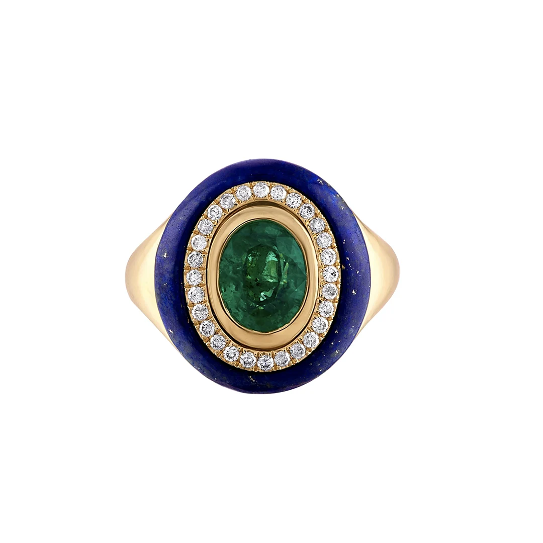 14K yellow gold Wise Monkeys Ring featuring three sculpted monkeys with white diamond eyes (.05 cts), engraved with 'See no evil, Hear no evil, Speak no evil' mantra inside.