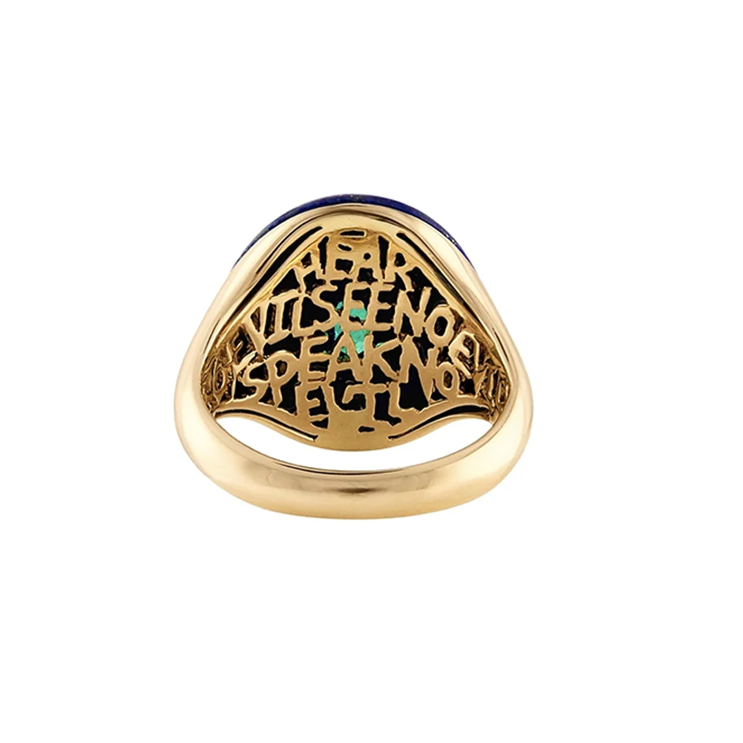 Side profile of Wise Monkeys Ring in 14K yellow gold, showcasing intricate monkey detailing and gallery engraving with 'See no evil, Hear no evil, Speak no evil' mantra