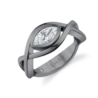 Floating marquise diamond with pavé side stones on vine-style pinky ring in 18 k solid gold by SHAY Jewelry