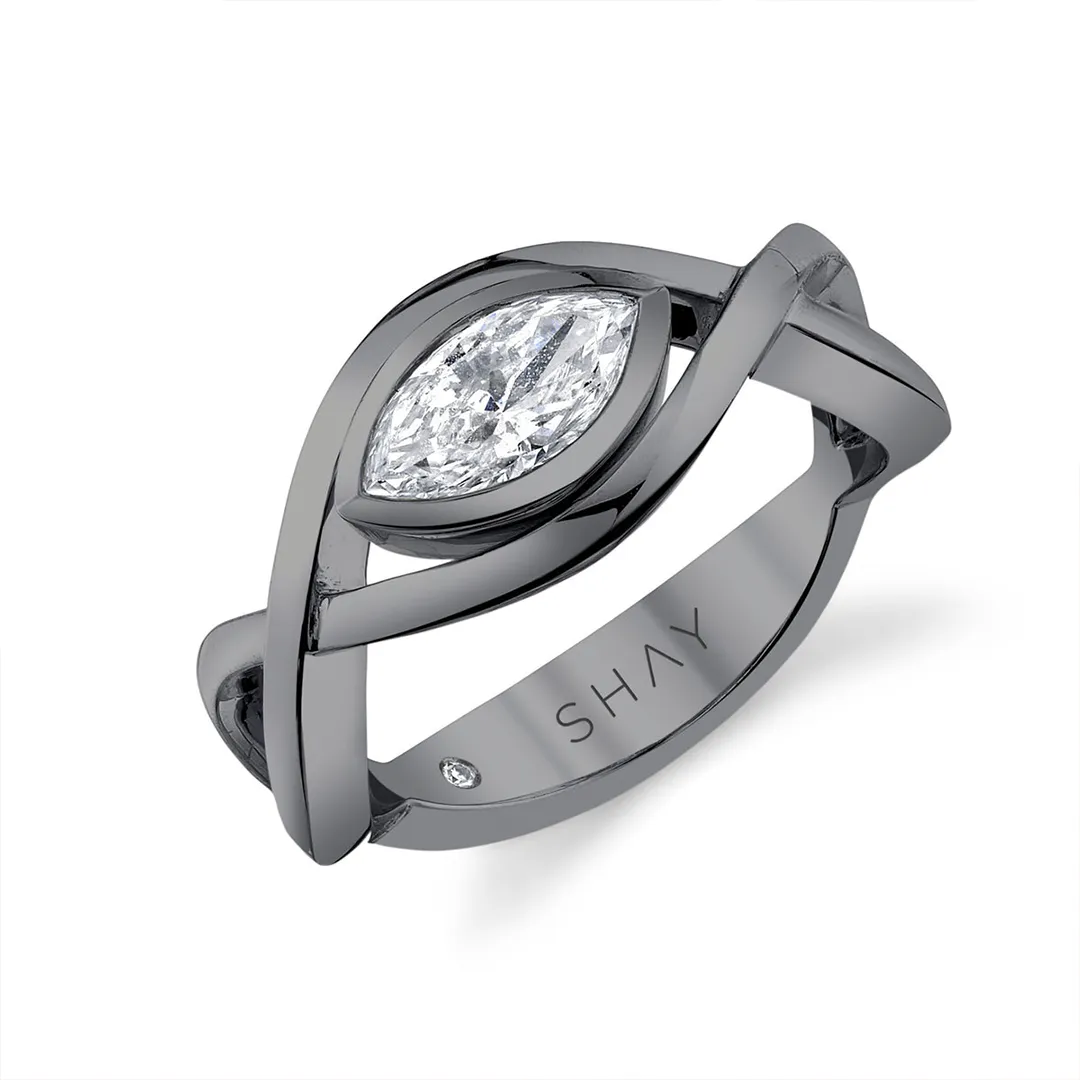 Floating marquise diamond with pavé side stones on vine-style pinky ring in 18 k solid gold by SHAY Jewelry