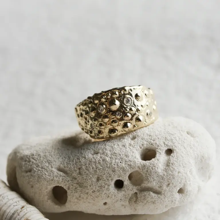 14k yellow gold Nettle Ring with sculptural organic design, handcrafted by Jane Pope Jewelry.