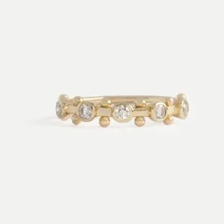 M. Hisae 5‑Stone White Diamond Koemi Ring in 14k gold featuring five 2 mm round brilliant‑cut white diamonds (SI, G–H color, approx. 0.18 cttw) interspersed with rhythmic bead elements across a 1.6 mm square band made from certified recycled gold