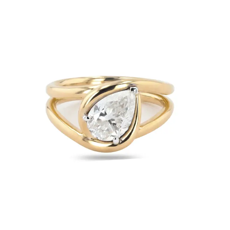 1.54 carat natural pear-shaped diamond set in 14k yellow gold with white gold prongs, featuring a unique knot design