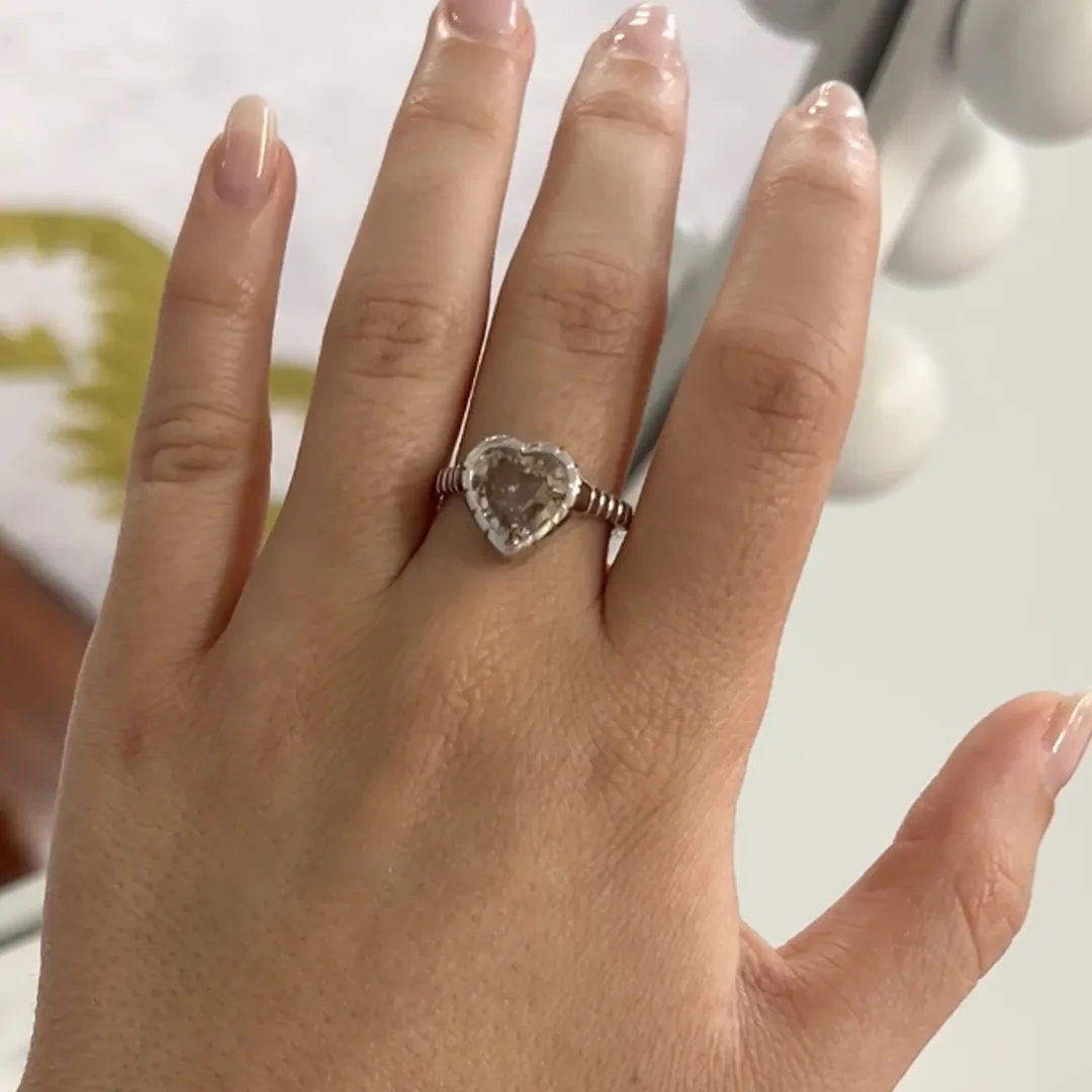Vintage‑inspired 4.2 ct grey heart sapphire heirloom bezel ring in white gold, handcrafted by Retrouvai