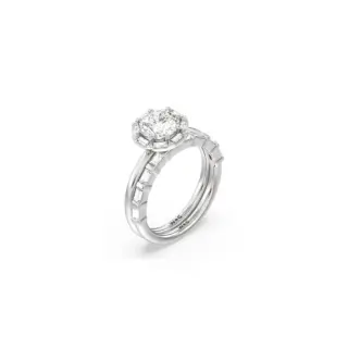 Model wearing the Vintage Baguette Halo Solitaire Wedding Band, emphasizing its classic design and diamond accents in white gold