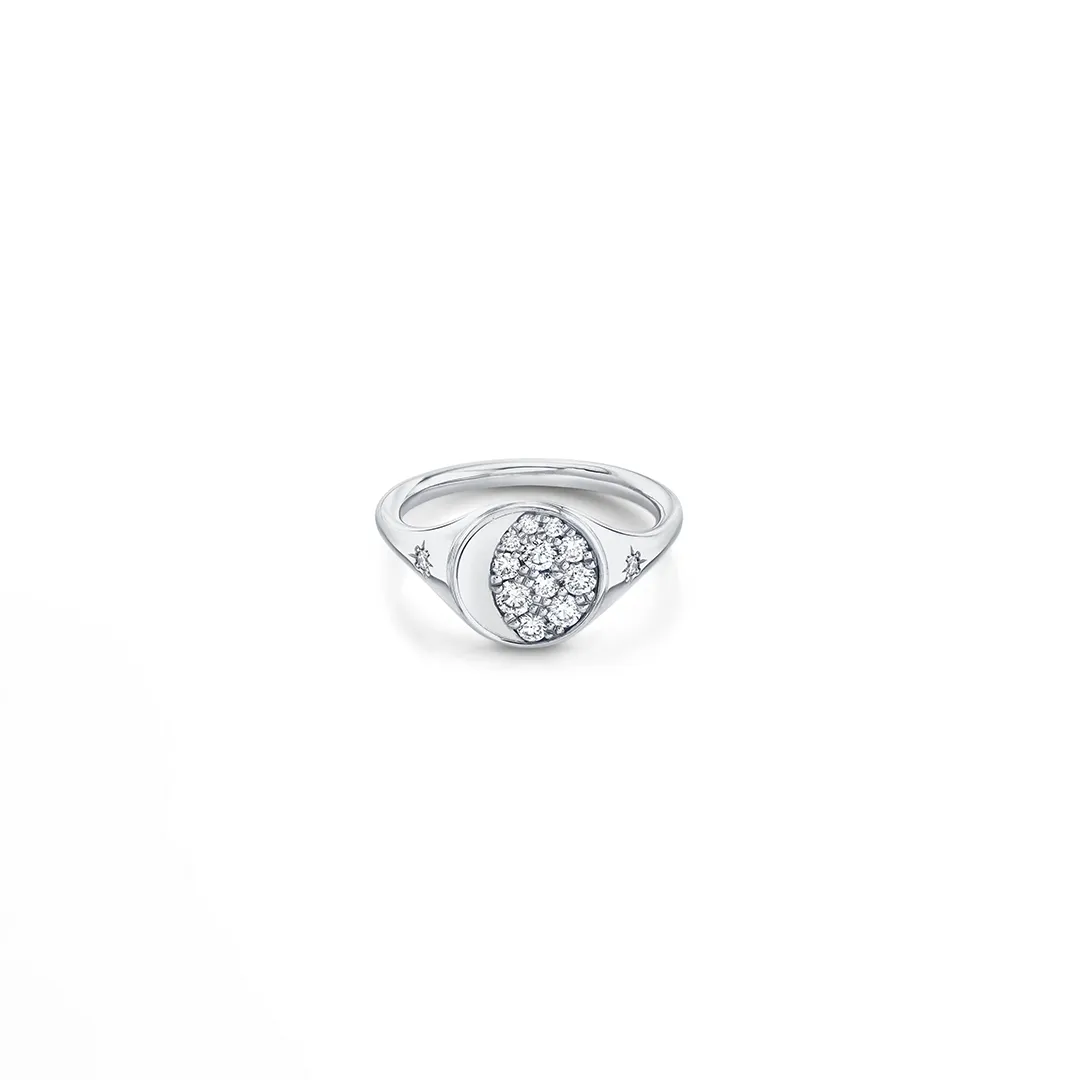 14k gold Gibbous Moon signet ring with ethically sourced .30 ct diamonds forming the illuminated portion of a moon phase—perfect for commemorating special moments.