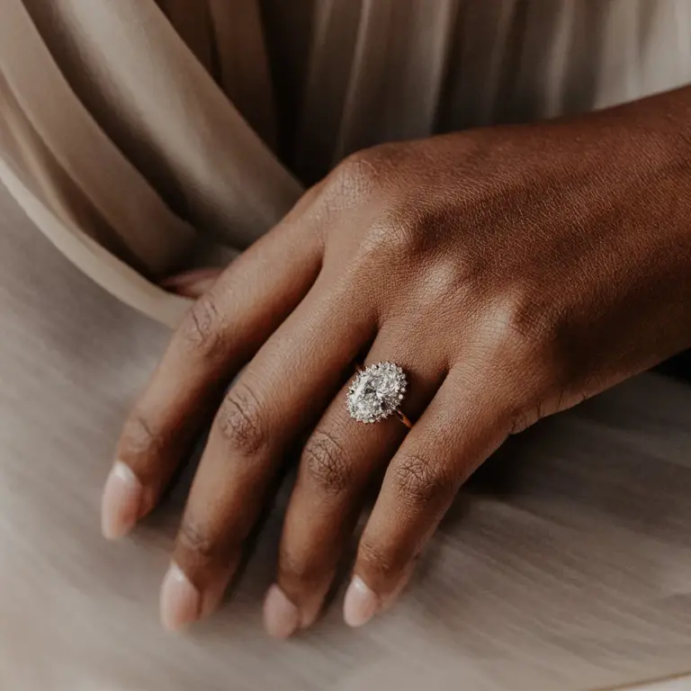 Elegant Nova Oval Ring from Sarah O. Jewelry, showcasing a 1.0ct lab-grown oval diamond surrounded by a ~0.12ctw diamond halo in 14k rose gold.