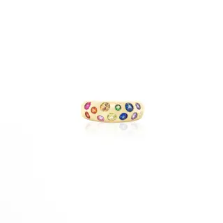 Claudia Mae's Wavey Rainbow Classic Nomad Ring in 14k yellow gold, showcasing multicolor gemstones in a wavy pattern.